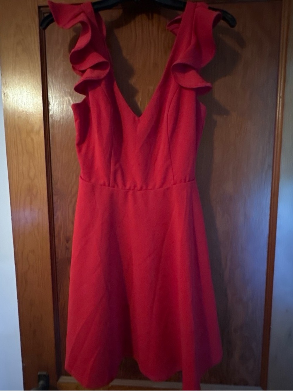 Red Ruffle V-Neck Women's Dress
